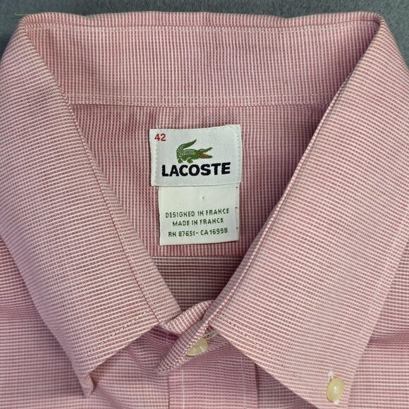 Lacoste Shirt Men 42 Large Red Micro Check Button Down Long Sleeve France Preppy - Picture 3 of 13